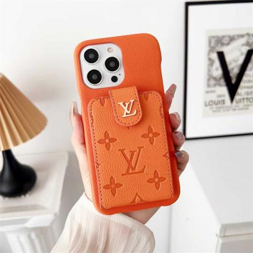 LOUIS VUITTON ルイヴィトン iPhoneケース オレンジ 高級レザー アイコニックロゴ入り カードポケット付き 全機種対応